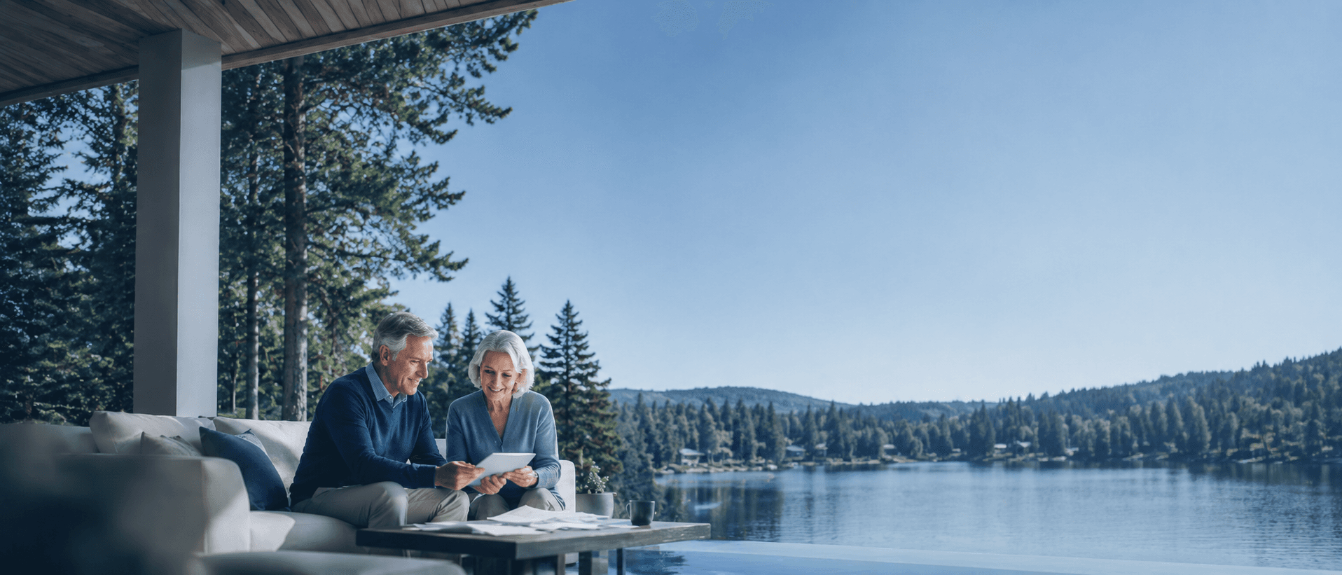 A retired couple reviewing paperwork on a lakeside deck
